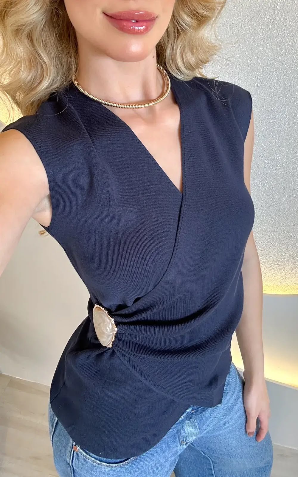 Blusa Safira com pedraria - azul marinho
